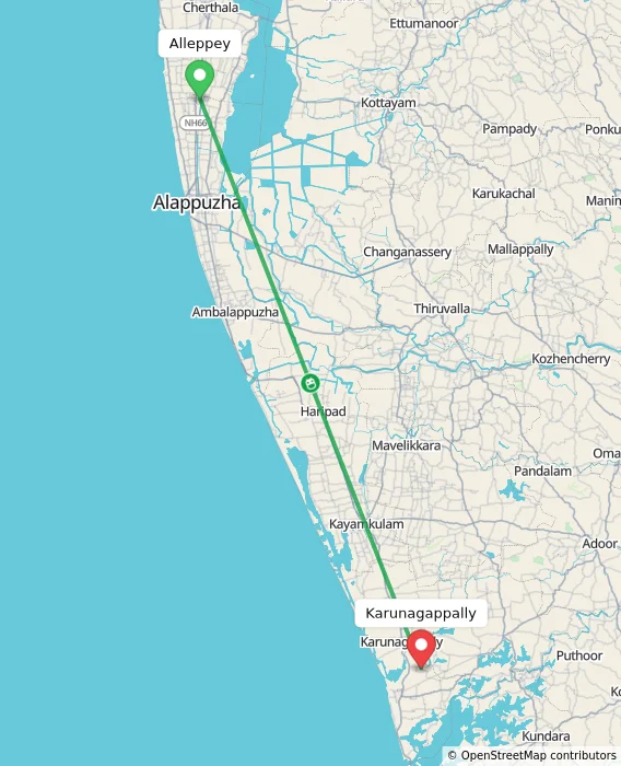 Route map showing distance and travel time from Alappuzha, India to Karunagappally, India