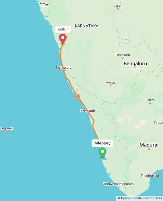 Route map showing distance and travel time from Alappuzha, India to Kollur, India