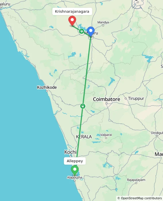 Route map showing distance and travel time from Alappuzha, India to Krishnarajanagara, India