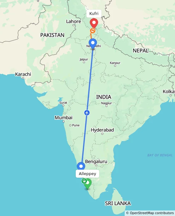 Route map showing distance and travel time from Alappuzha, India to Kufri, India