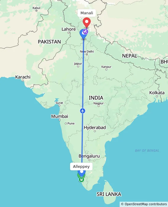 Route map showing distance and travel time from Alappuzha, India to Manali, India