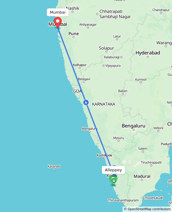 Route map showing distance and travel time from Alappuzha, India to Mumbai, India