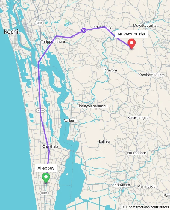 Route map showing distance and travel time from Alappuzha, India to Muvattupuzha, India