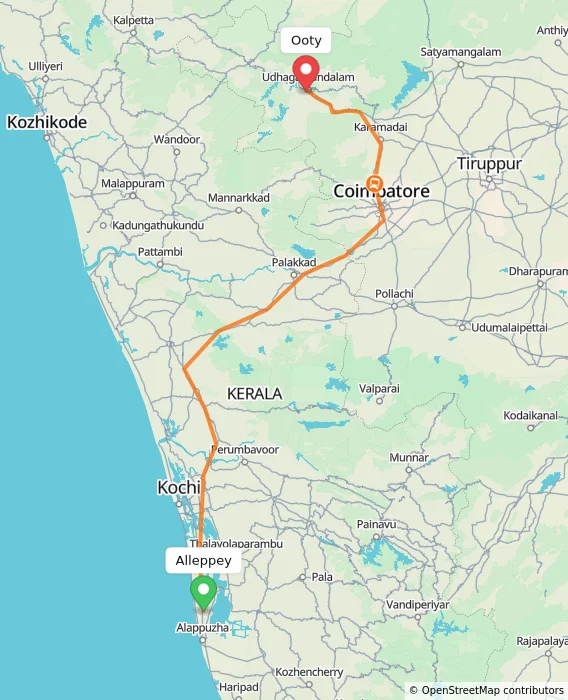 Route map showing distance and travel time from Alappuzha, India to Ooty, India