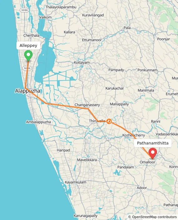 Route map showing distance and travel time from Alappuzha, India to Pathanamthitta, India