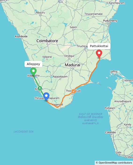 Route map showing distance and travel time from Alappuzha, India to Pattukkottai, India