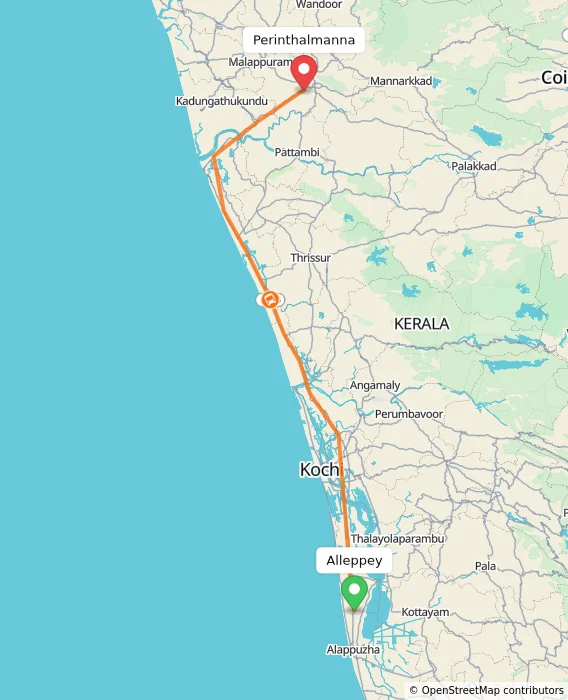 Route map showing distance and travel time from Alappuzha, India to Perinthalmanna, India