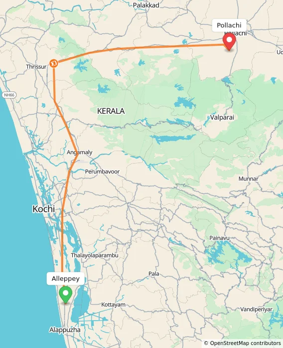 Route map showing distance and travel time from Alappuzha, India to Pollachi, India