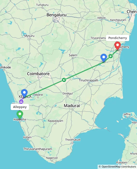 Route map showing distance and travel time from Alappuzha, India to Puducherry, India
