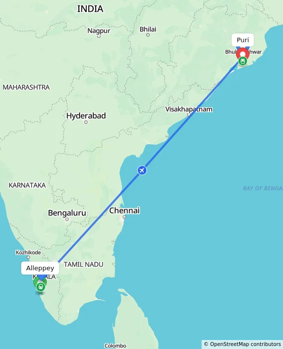 Route map showing distance and travel time from Alappuzha, India to Puri, India