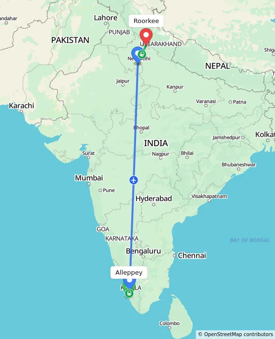 Route map showing distance and travel time from Alappuzha, India to Roorkee, India