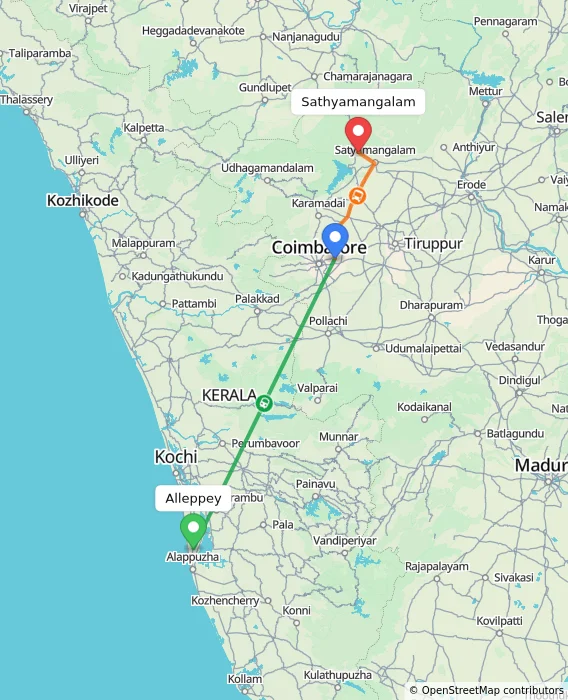 Route map showing distance and travel time from Alappuzha, India to Sathyamangalam, India