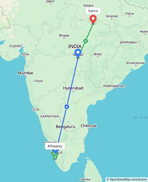 Route map showing distance and travel time from Alappuzha, India to Satna, India