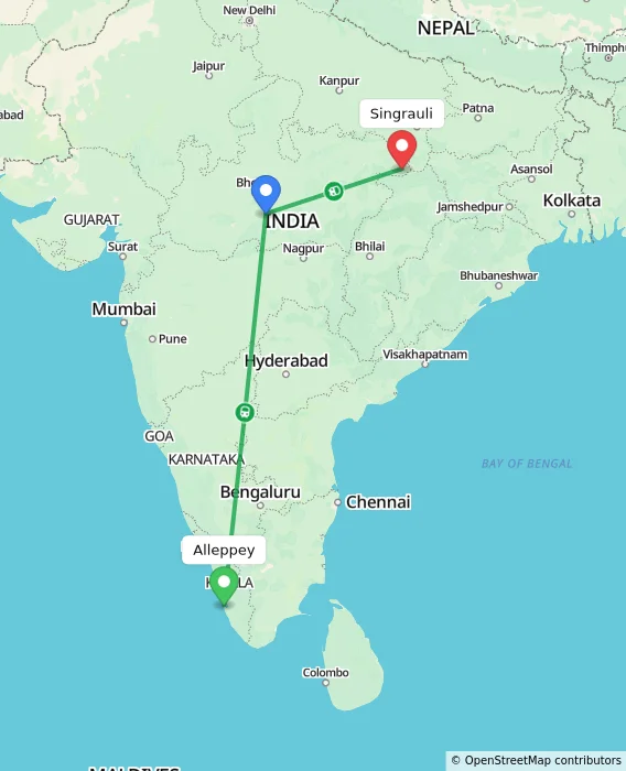 Route map showing distance and travel time from Alappuzha, India to Singrauli, India
