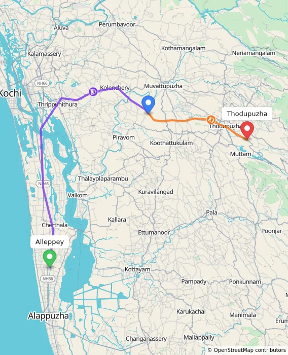 Route map showing distance and travel time from Alappuzha, India to Thodupuzha, India
