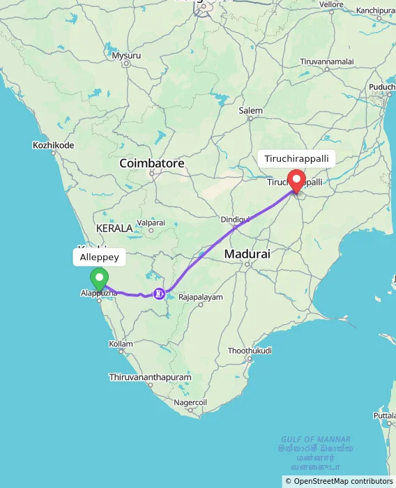 Route map showing distance and travel time from Alappuzha, India to Tiruchirappalli, India