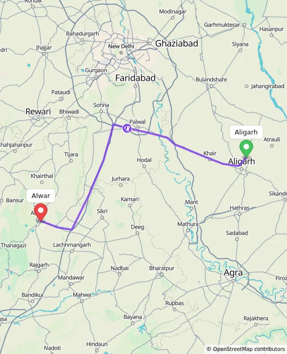 Route map showing distance and travel time from Aligarh, India to Alwar, India