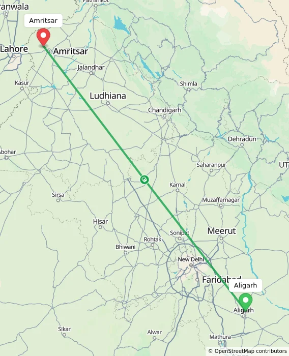 Route map showing distance and travel time from Aligarh, India to Amritsar, India