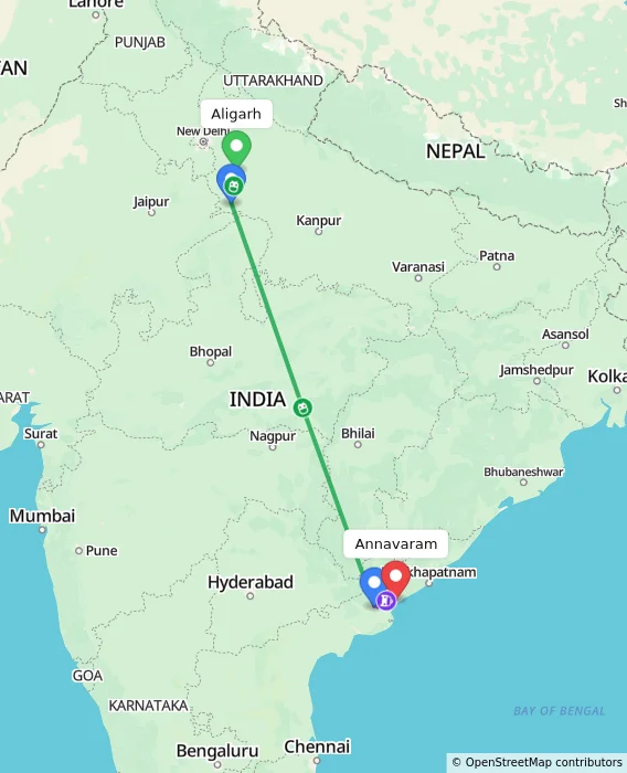Route map showing distance and travel time from Aligarh, India to Annavaram, India