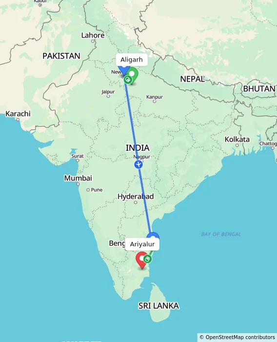 Route map showing distance and travel time from Aligarh, India to Ariyalur, India
