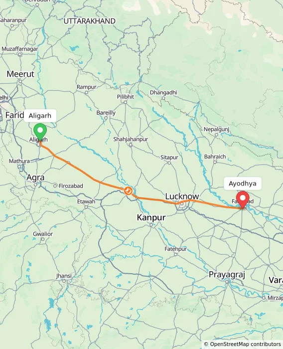 Route map showing distance and travel time from Aligarh, India to Ayodhya, India