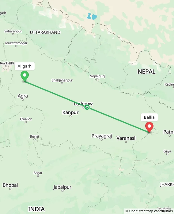 Route map showing distance and travel time from Aligarh, India to Ballia, India
