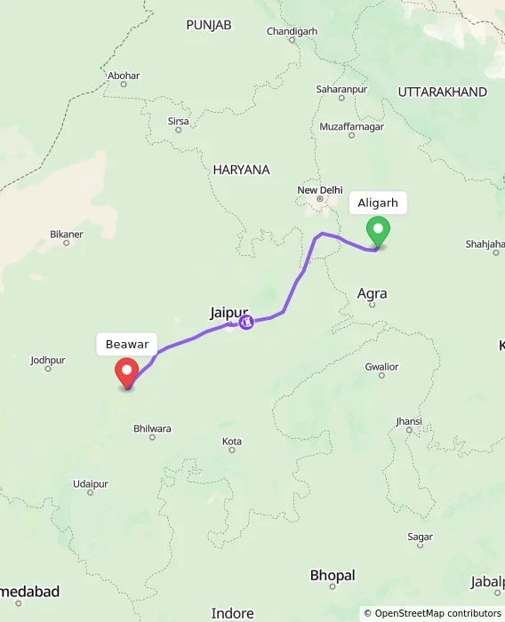 Route map showing distance and travel time from Aligarh, India to Beawar, India