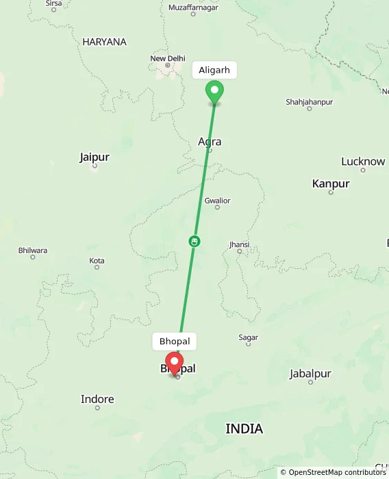 Route map showing distance and travel time from Aligarh, India to Bhopal, India