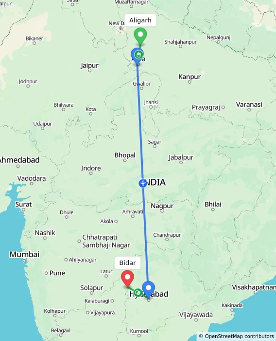 Route map showing distance and travel time from Aligarh, India to Bidar, India