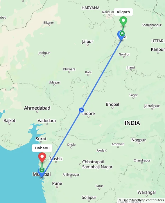 Route map showing distance and travel time from Aligarh, India to Dahanu, India