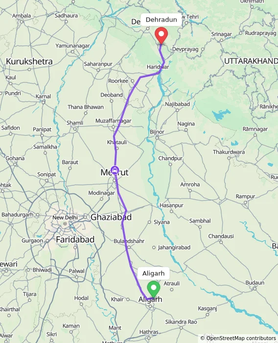 Route map showing distance and travel time from Aligarh, India to Dehradun, India