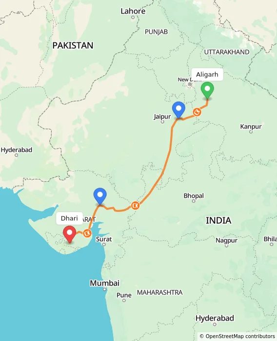 Route map showing distance and travel time from Aligarh, India to Dhari, India