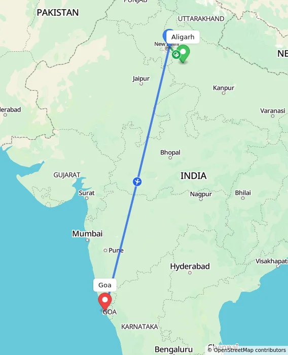 Route map showing distance and travel time from Aligarh, India to Goa, India
