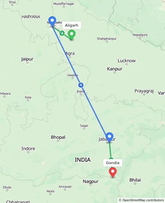 Route map showing distance and travel time from Aligarh, India to Gondia, India