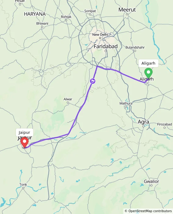 Route map showing distance and travel time from Aligarh, India to Jaipur, India