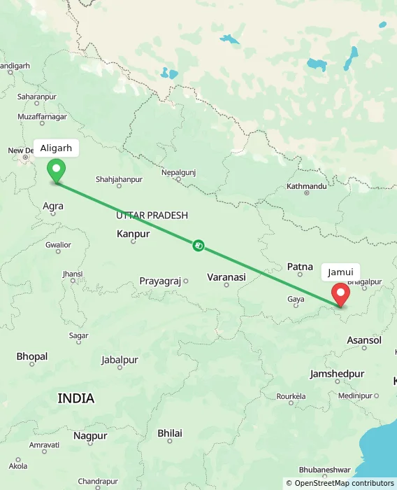 Route map showing distance and travel time from Aligarh, India to Jamui, India