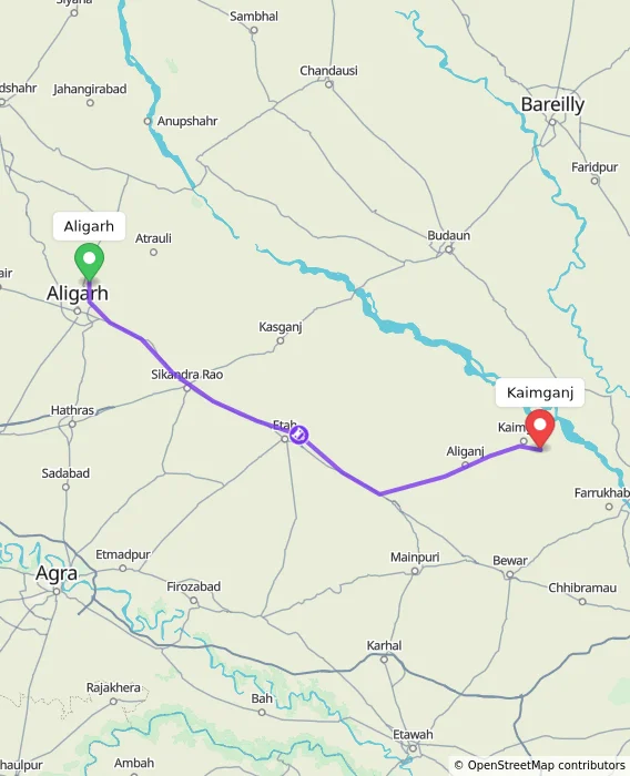 Route map showing distance and travel time from Aligarh, India to Kaimganj, India