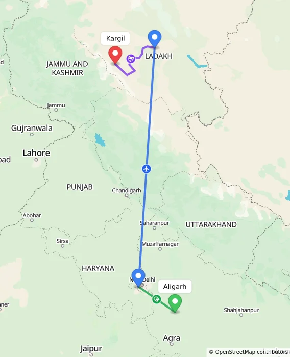 Route map showing distance and travel time from Aligarh, India to Kargil, India