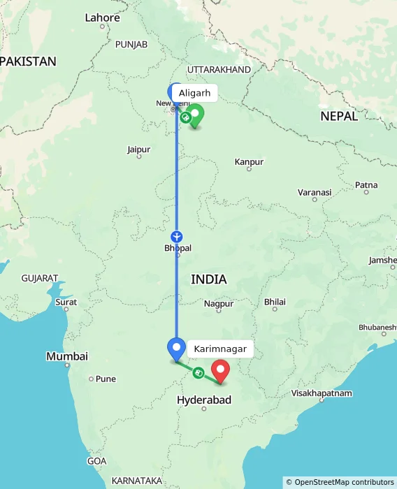 Route map showing distance and travel time from Aligarh, India to Karimnagar, India