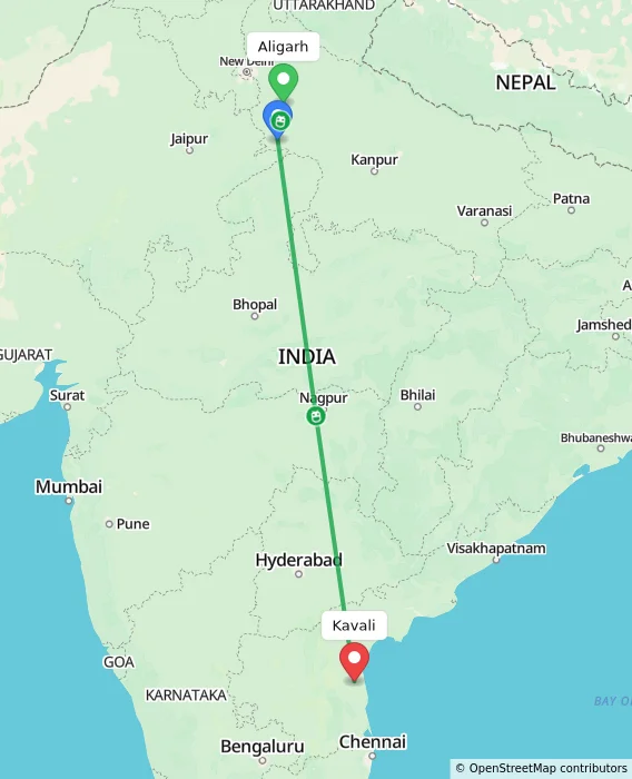 Route map showing distance and travel time from Aligarh, India to Kavali, India