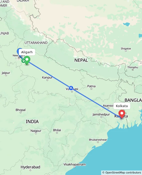 Route map showing distance and travel time from Aligarh, India to Kolkata, India