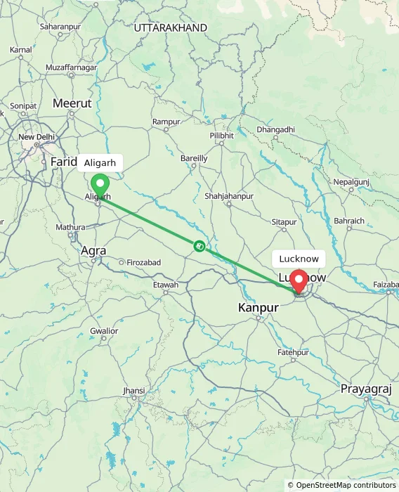 Route map showing distance and travel time from Aligarh, India to Lucknow, India