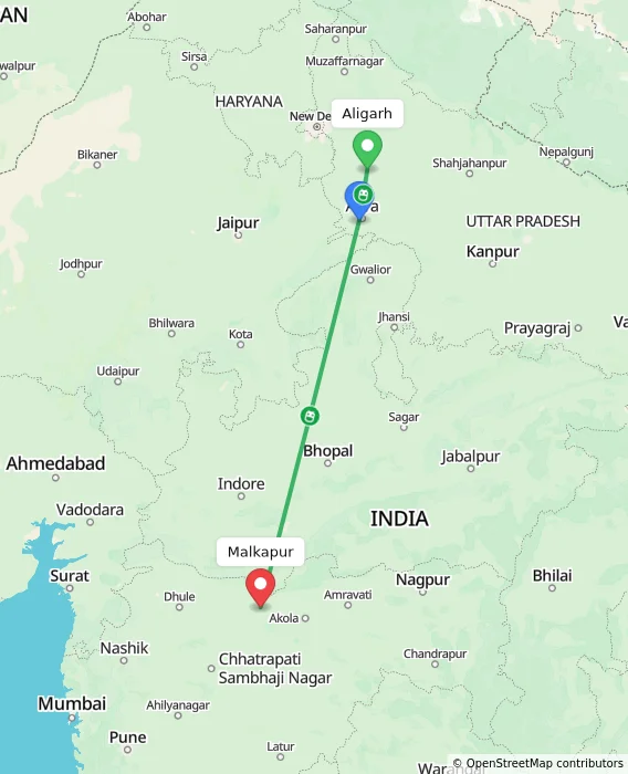 Route map showing distance and travel time from Aligarh, India to Malkapur, India