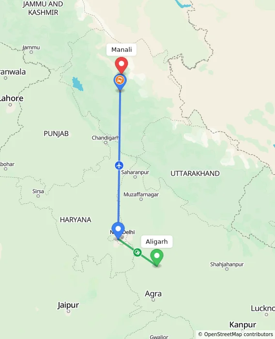 Route map showing distance and travel time from Aligarh, India to Manali, India