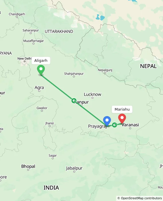 Route map showing distance and travel time from Aligarh, India to Mariahu, India