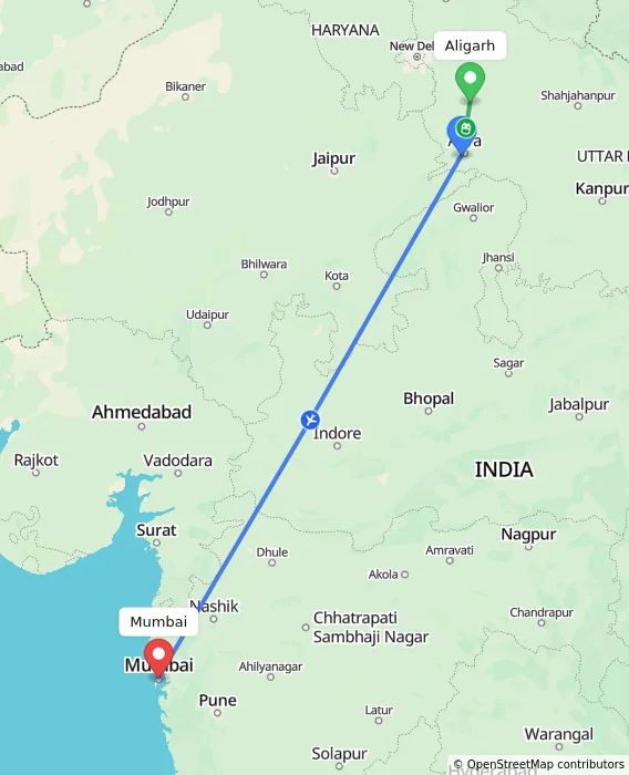 Route map showing distance and travel time from Aligarh, India to Mumbai, India
