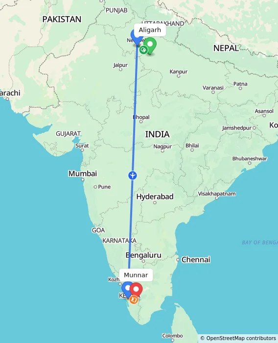 Route map showing distance and travel time from Aligarh, India to Munnar, India