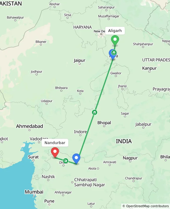 Route map showing distance and travel time from Aligarh, India to Nandurbar, India