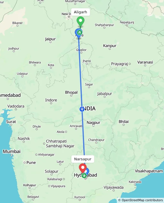 Route map showing distance and travel time from Aligarh, India to Narsapur, India