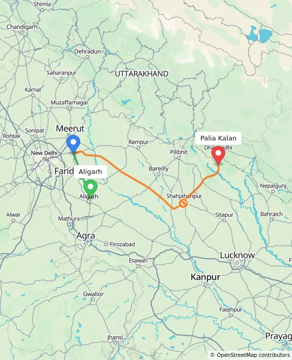 Route map showing distance and travel time from Aligarh, India to Palia Kalan, India